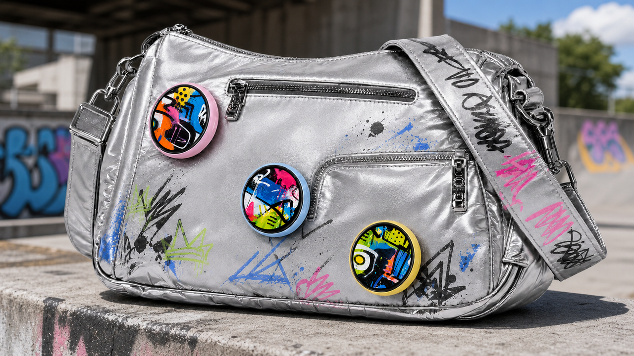 Beambox Niji animated GIF badge on a silver bag